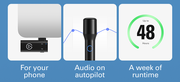 Three icons: For your phone, Audio on autopilot, and Up to 48 hours of runtime