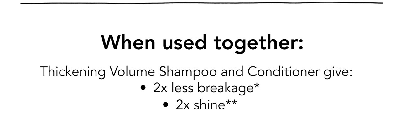 When used together: | Thickening Volume Shampoo and Conditioner give: • 2x less breakage* • 2x shine**