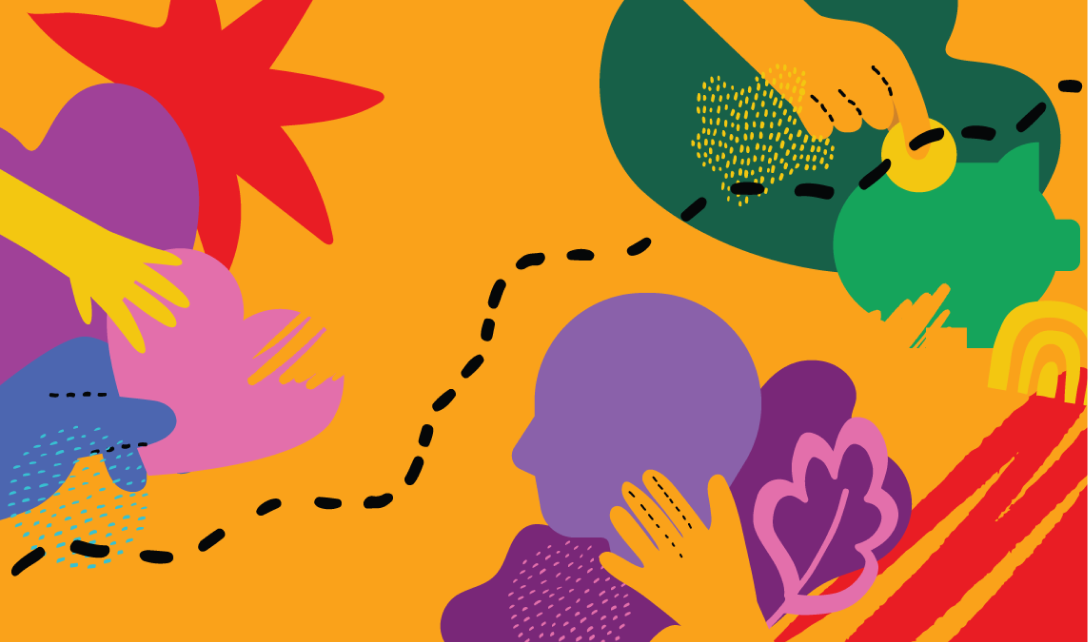 Abstract illustration of hands, a piggy bank, a head in profile and a dashed path on an orange background