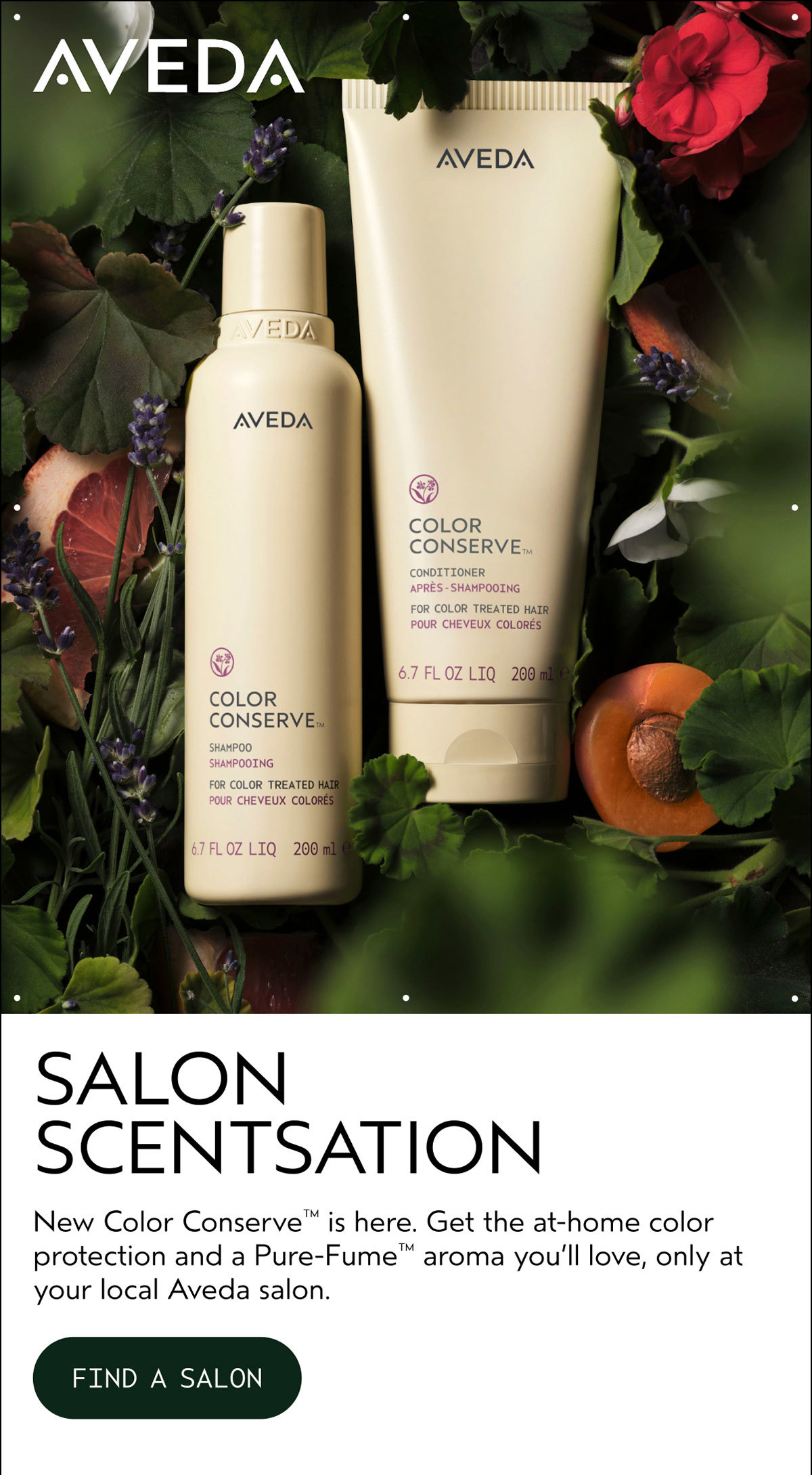 AVEDA | SALON SCENTSATION | New Color Conserve™ is here. Get the at-home color protection and a Pure-Fume™ aroma you’ll love, only at your local Aveda salon. | FIND A SALON