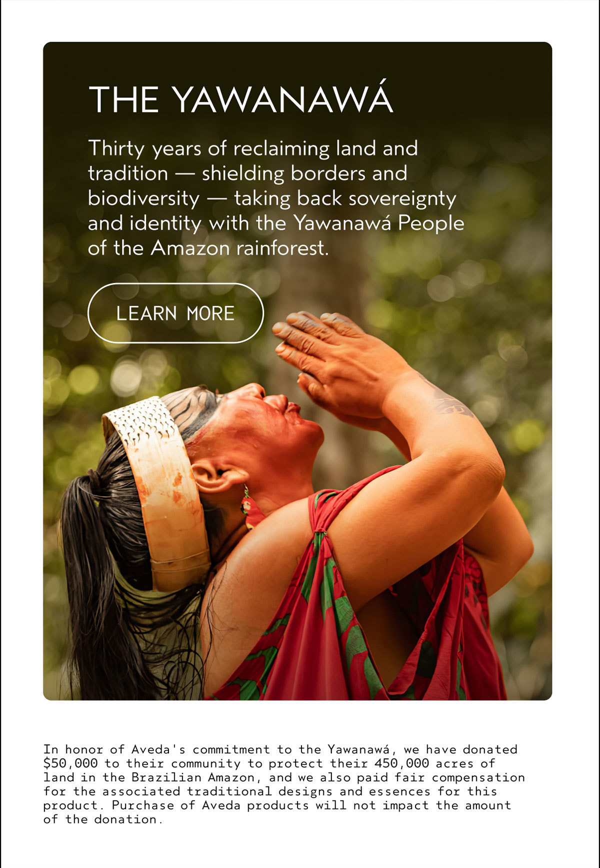 THE YAWANAWÁ | Thirty years of reclaiming land and tradition — shielding borders and biodiversity — taking back sovereignty and identity with the Yawanawá People of the Amazon rainforest. | LEARN MORE | In honor of Aveda's commitment to the Yawanawá, we have donated $50,000 to their community to protect their 450,000 acres of land in the Brazilian Amazon, and we also paid fair compensation for the associated traditional designs and essences for this product. Purchase of Aveda products will not impact the amount of the donation.