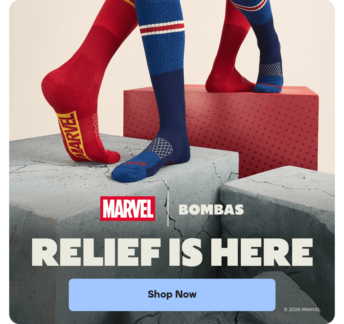 MARVEL | BOMBAS. RELIEF IS HERE. Shop Now. © 2026 MARVEL