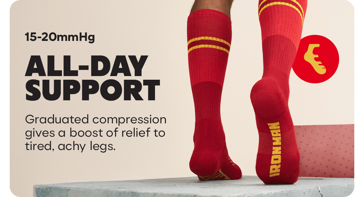 15-20mmHg. ALL-DAY SUPPORT. Graduated compression gives a boost of relief to tired, achy legs.