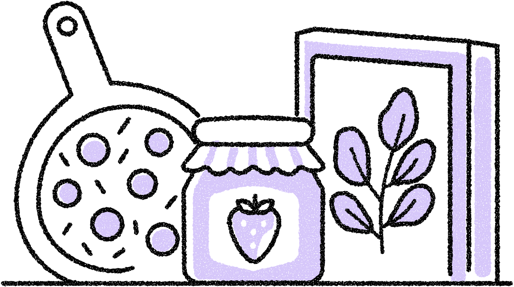Illustration of a pizza, jam jar and pressed leaves