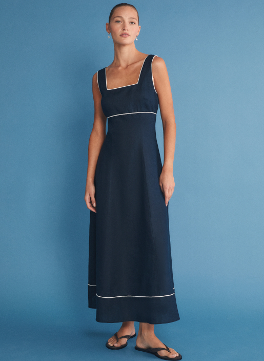 Linen Contrast Piping Midi Dress