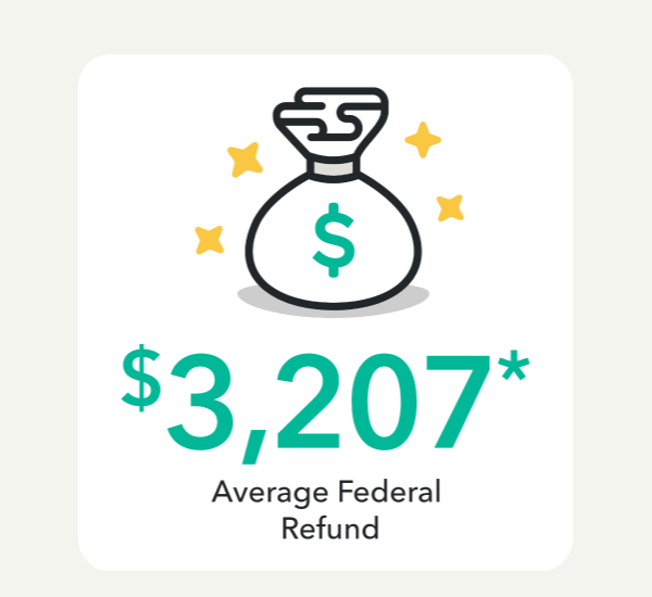 Gif showing a file folder with paper going in, tipping over, and releasing several dollar bills | Money bag icon | $3,207* Average Federal Refund